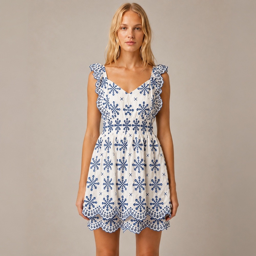 Hale‎ Bob Empire Waist Babydoll Boho Dress Eyelet Lace Ruffle Embroidery White